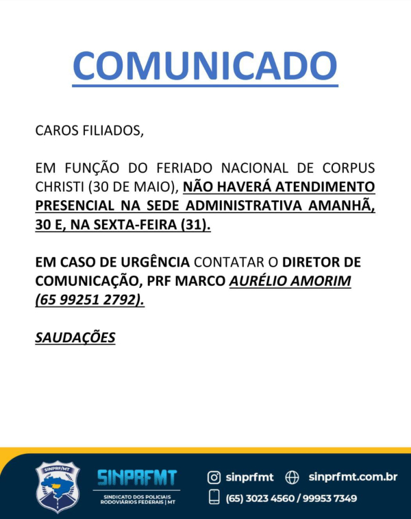 Comunicado sobre o feriado de Corpus Christi